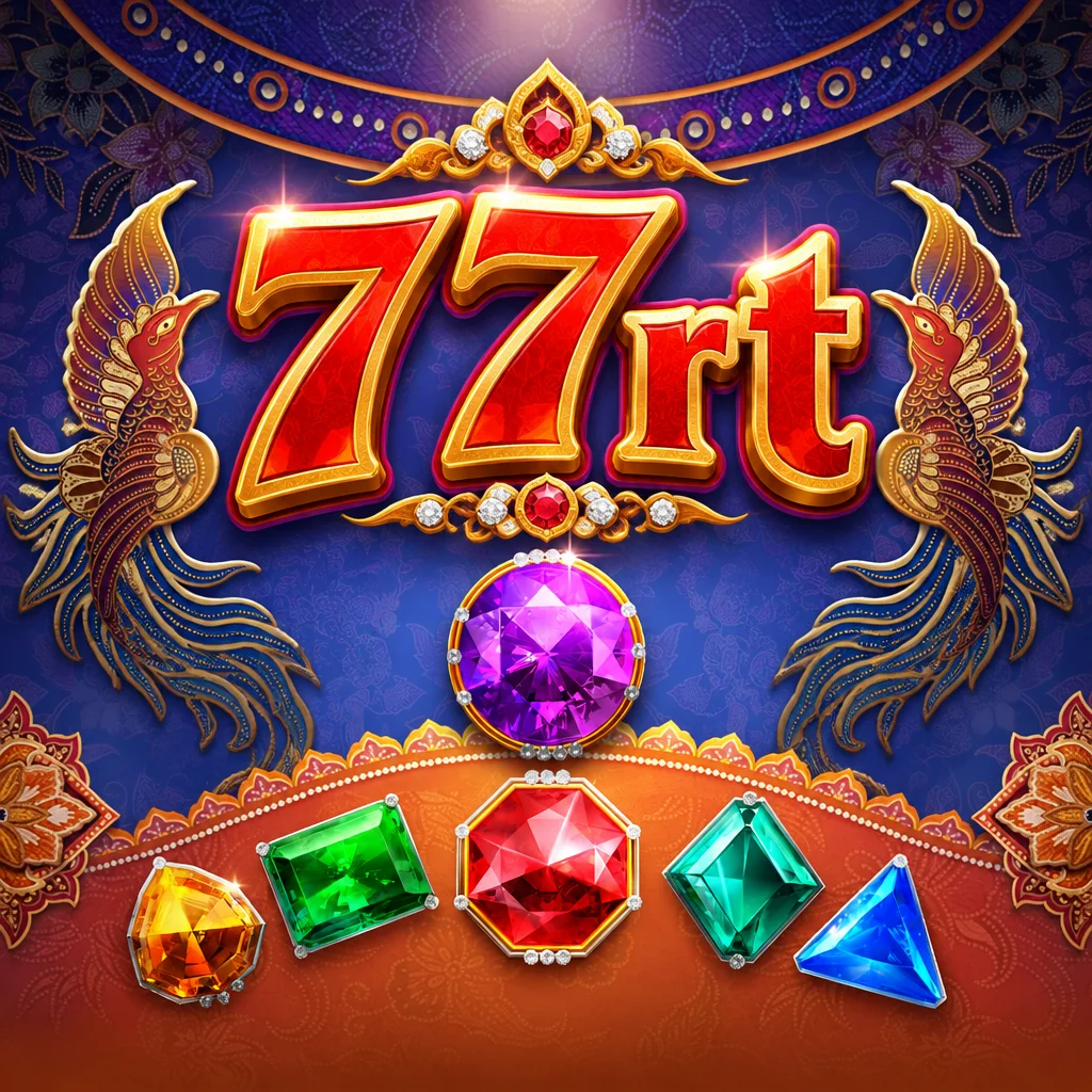 Tampilan 77rt pada game Garuda Gems dengan ornamen burung mitologi emas dan aneka permata berkilau